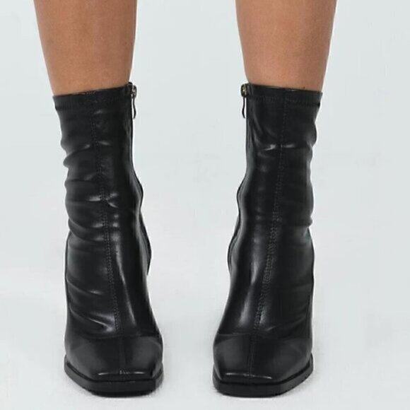 Princess Polly Mid-Calf Black Boots Women’s 6 Square Toe Block Heel Side Zipper - Picture 4 of 16